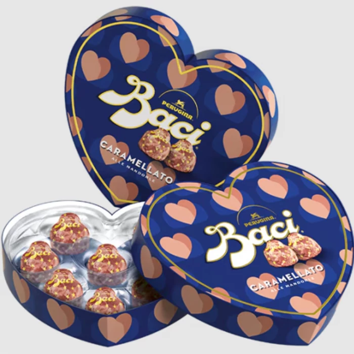 Baci Perugina Scatola Cuore Caramellato alle mandorle - Extra étcsokoládé praliné karamellával, mandulával és mogyoróval töltve 100g